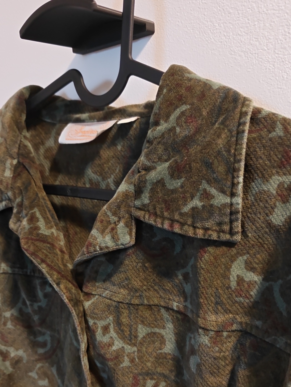 Women's 100% Cotton Olive Green Velvet-y Button Up With Red Accents